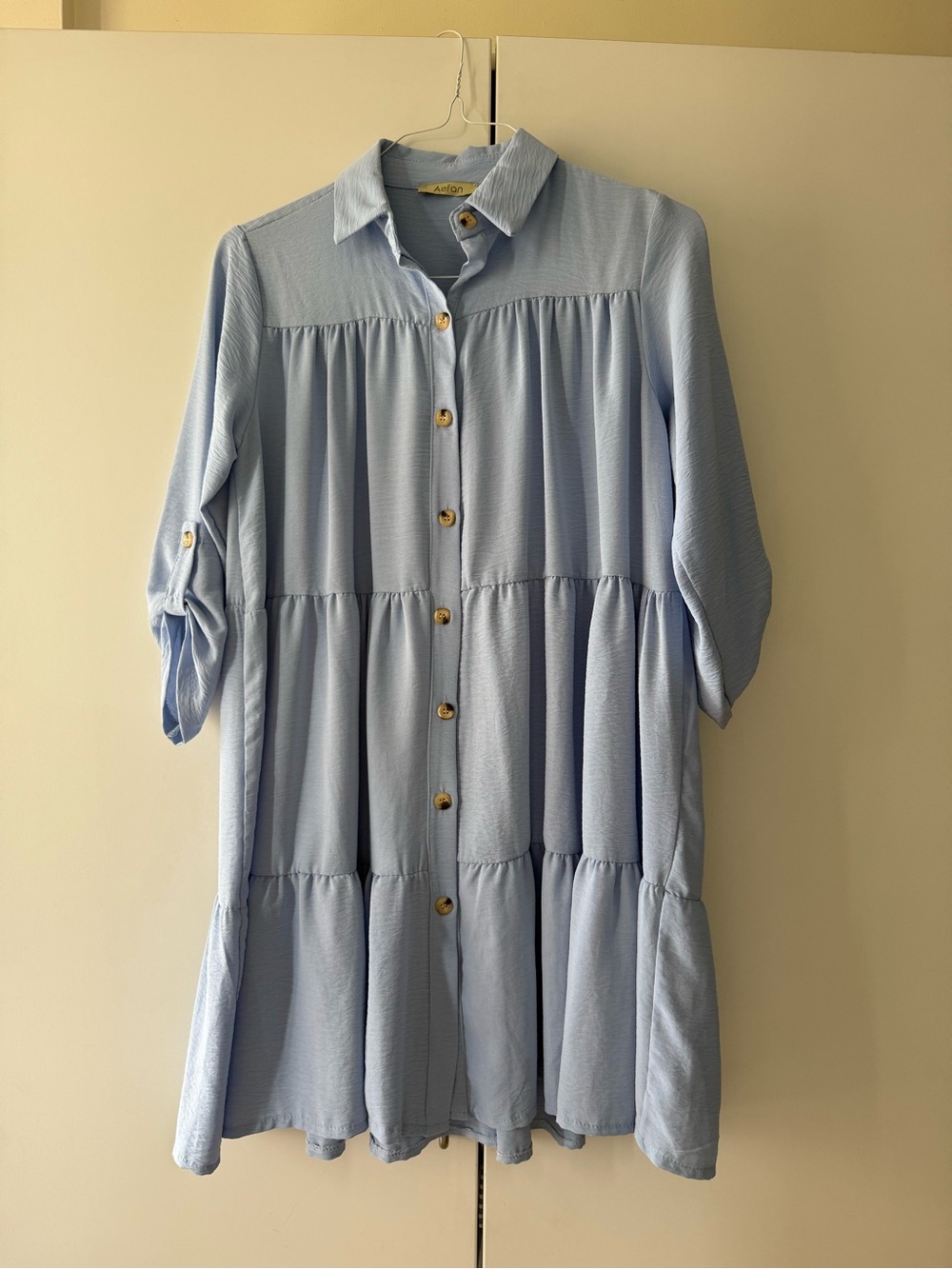 Light Blue Tiered Shirt Dress One Size S/M Button Front